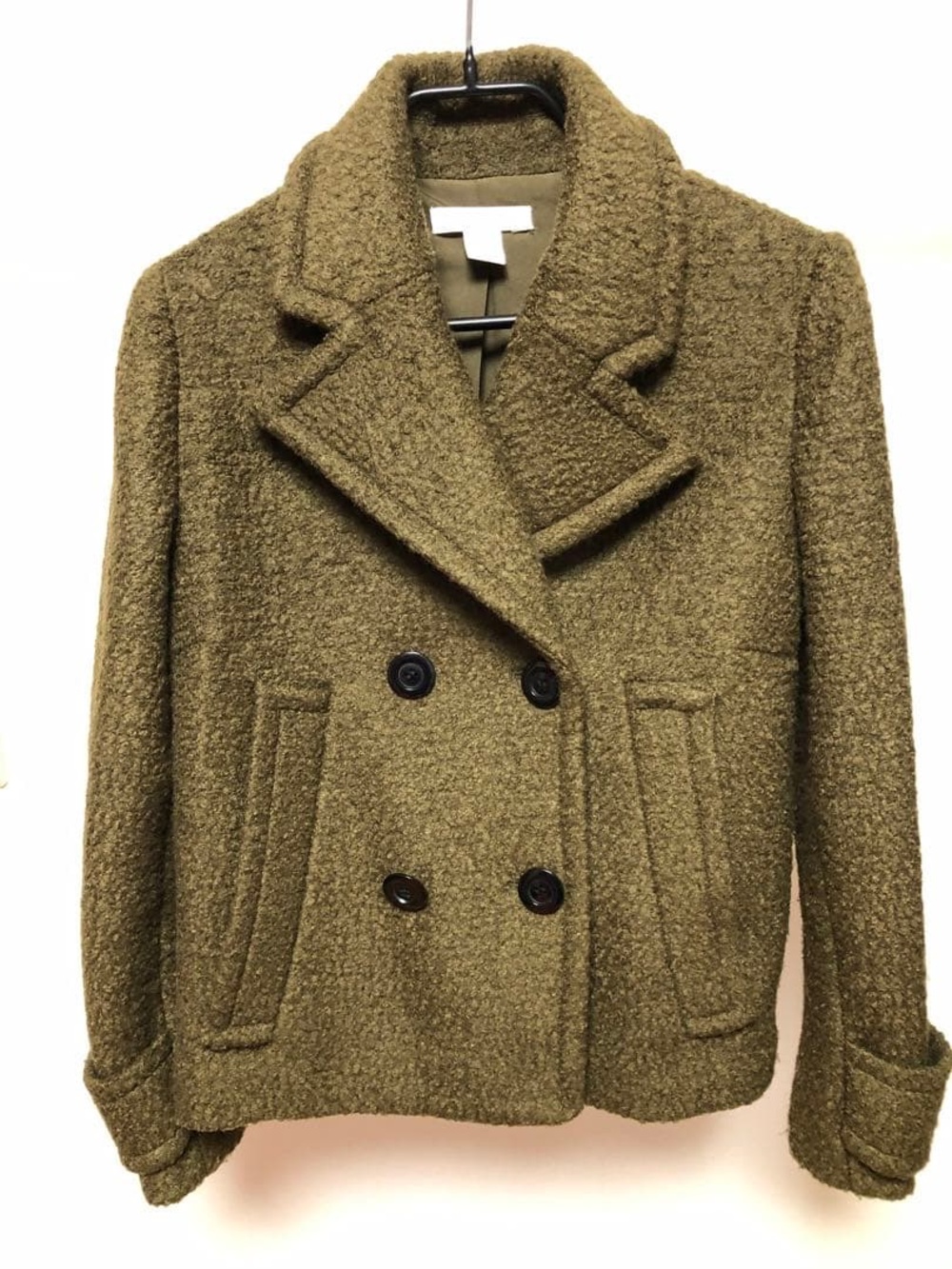 H&M Olive Green Bouclé Double-Breasted Peacoat